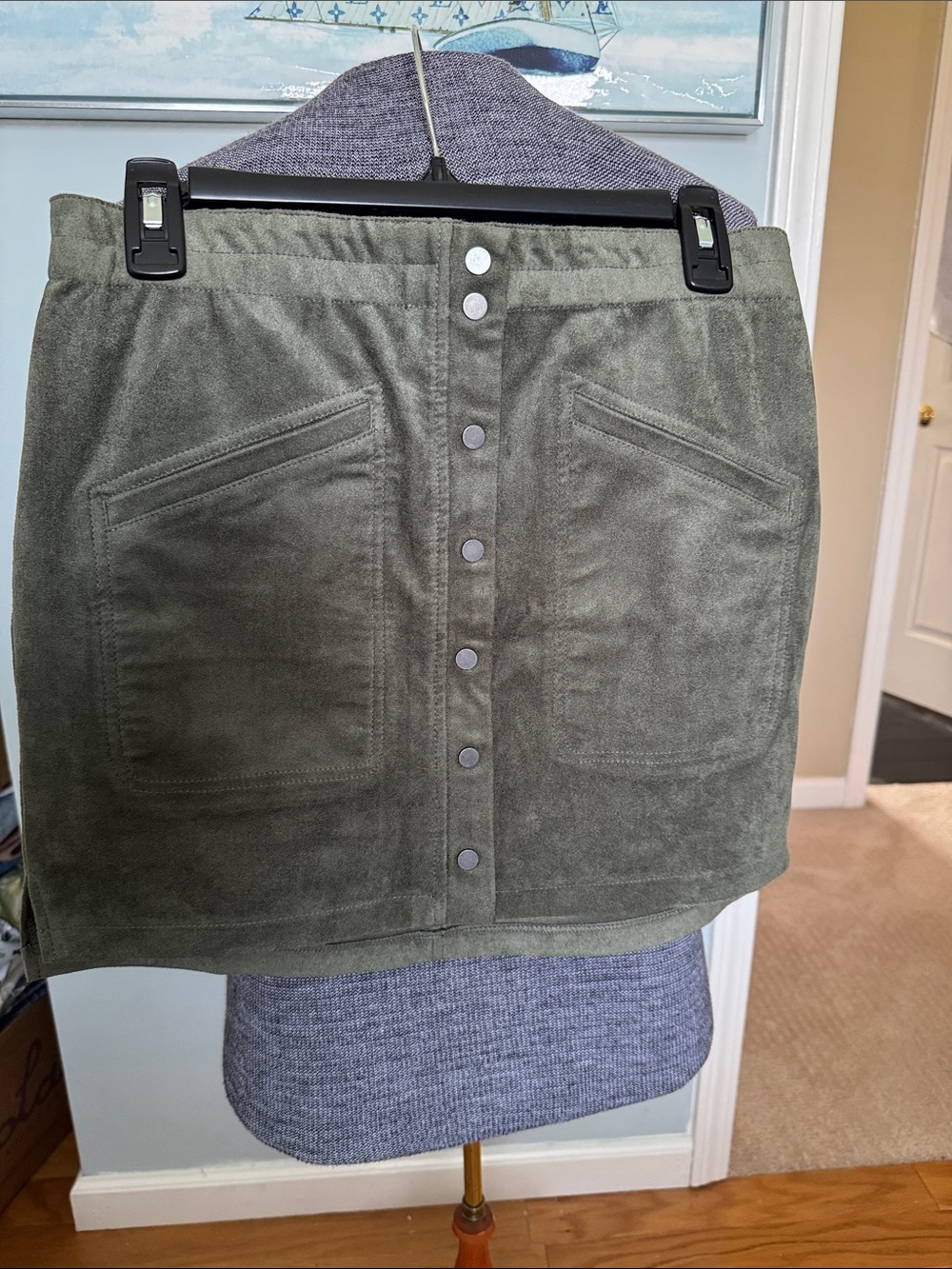 BCBGMaxAzria Olive Green Suede Button-Front Mini Skirt
